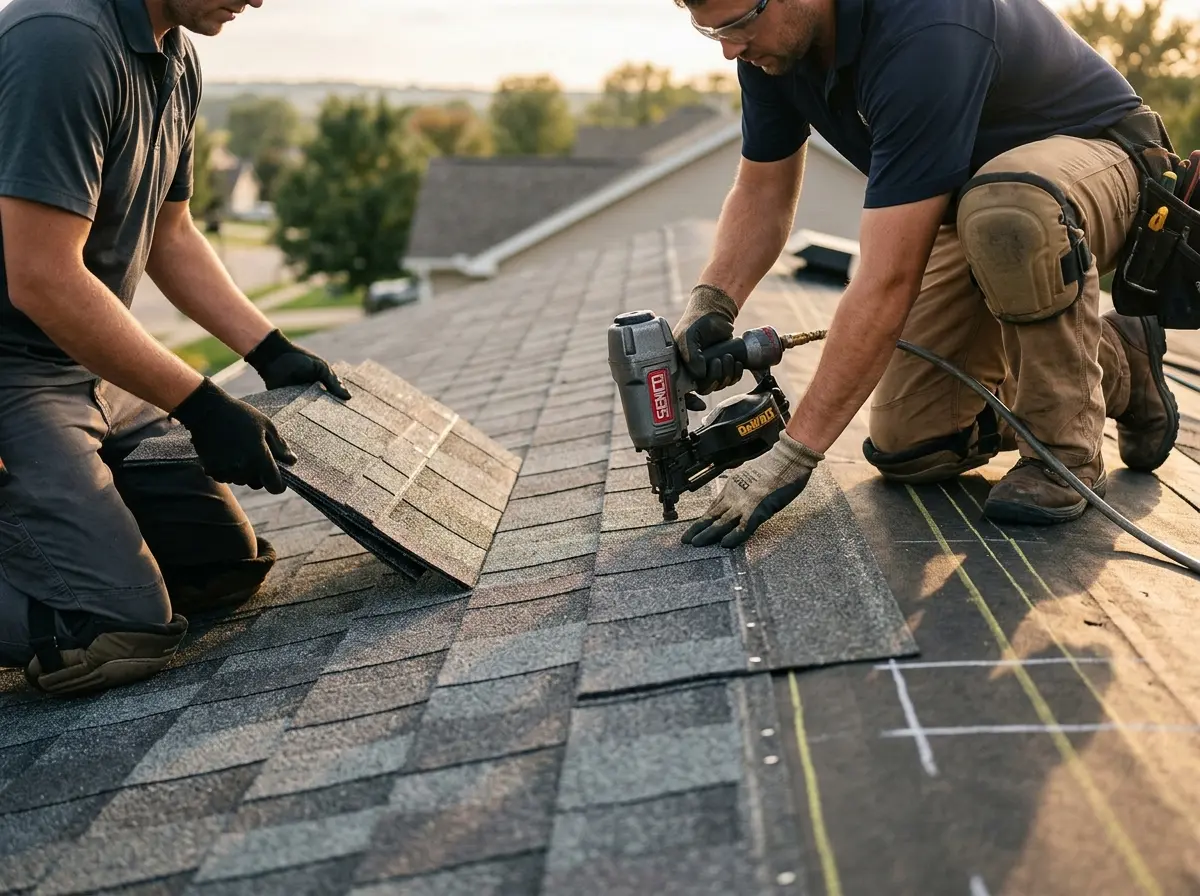 Professional roofer working on a residential roof in Tamalpais-Homestead Valley